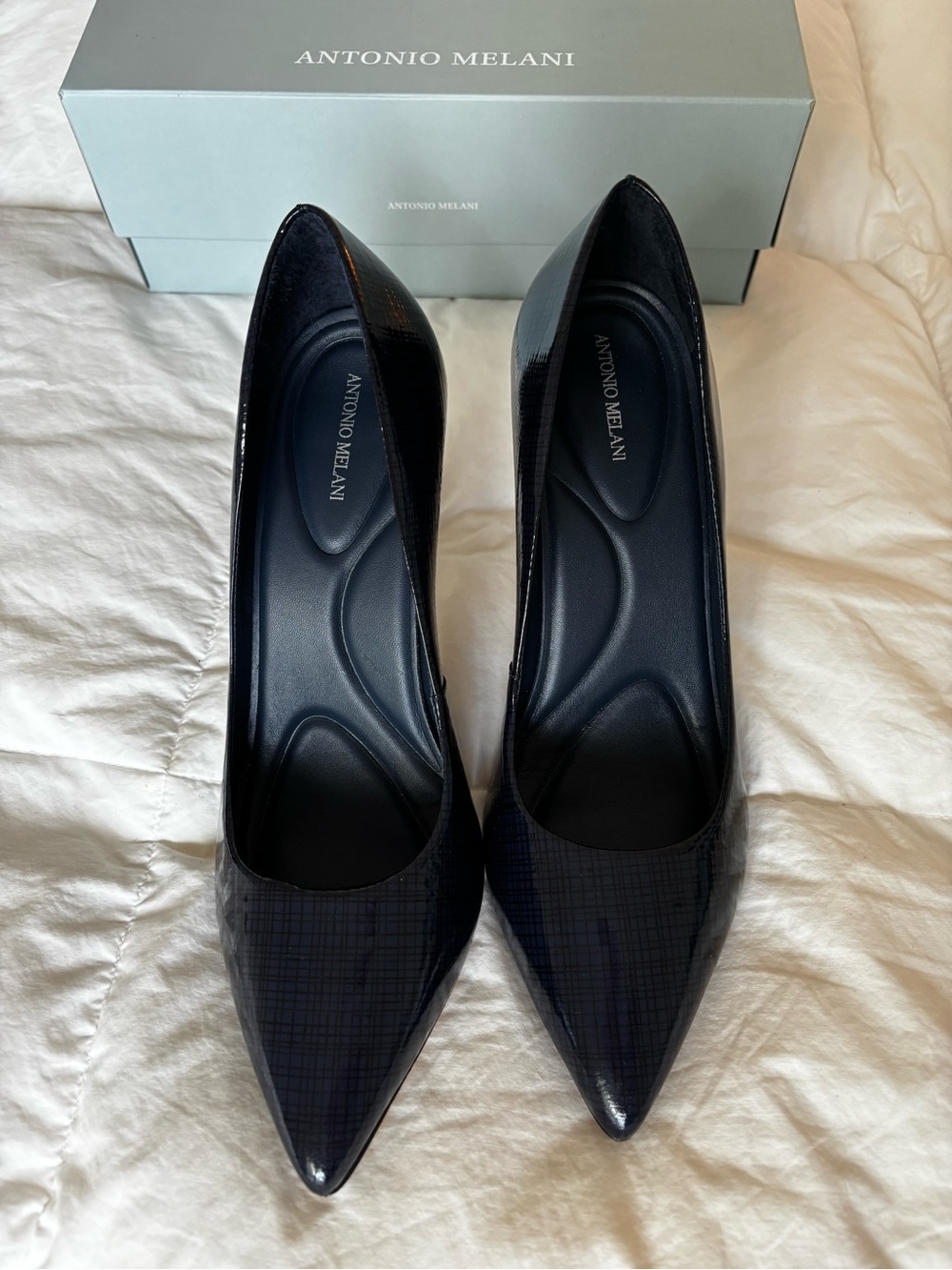 ANTONIO MELANI Navy Patent Pointed-Toe Stiletto Pumps - Picture 2 of 9